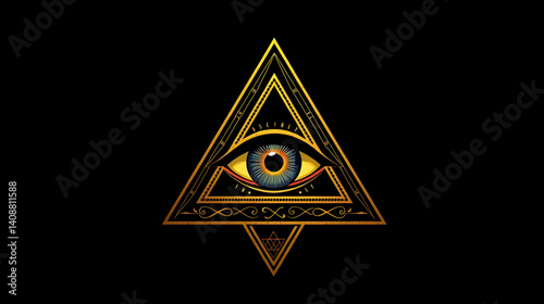 All seeing eye of god in sacred geometry triangle, masonry and illuminati symbol, vector logo or emblem design element.