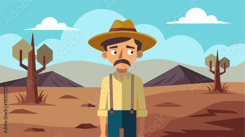 Surrounded by barren land the farmers shoulders slump his once prosperous farm now reduced to a lifeless wasteland.. Vector illustration