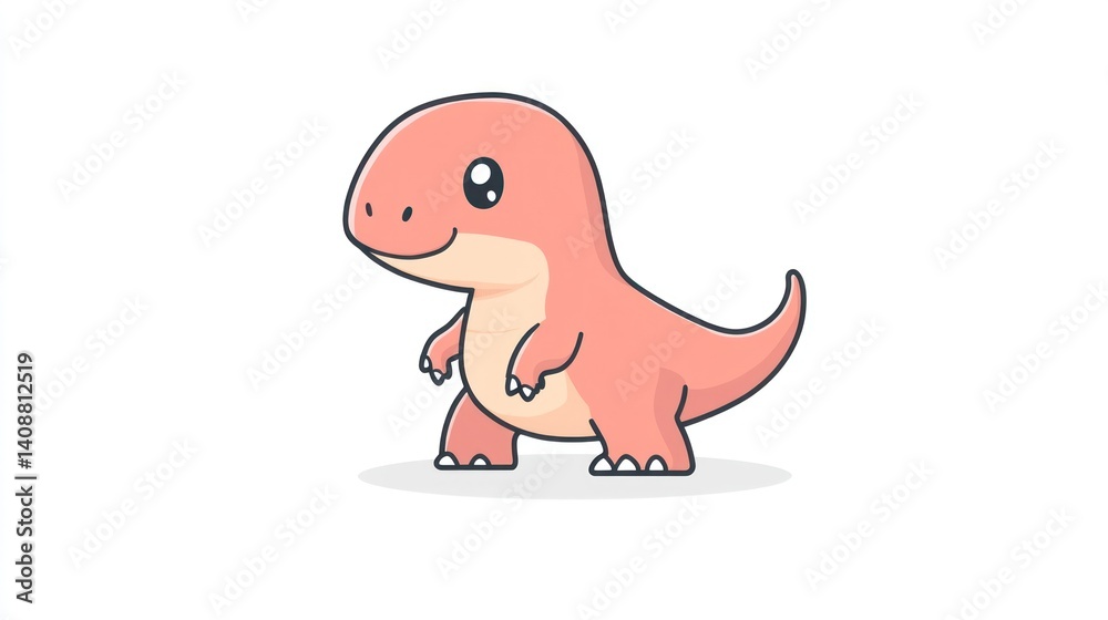 Obraz premium Cute pink dinosaur cartoon illustration, white background, children's book, greeting card