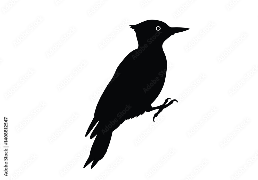 Obraz premium Woodpecker silhouette. A black silhouette of a woodpecker perched on a tree, showcasing its beak and tail details. Vector clipart black illustration design.