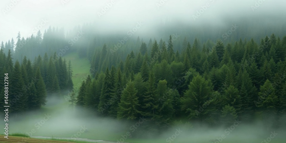 Fototapeta premium Misty Green Coniferous Forest Foggy Woods Nature Scenery