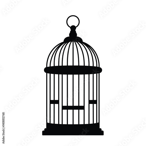 Bird cage silhouette. This image features a black silhouette of a bird cage with a dome-shaped top and vertical bars. Vector clipart black illustration design.