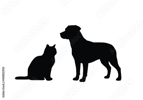 Cat and dog silhouette. A sitting cat and a standing dog facing each other, creating a harmonious scene. Vector clipart black illustration design.