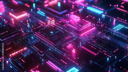 Neon futuristic cyber space with 3D digital world glowing in vibrant colors and global technology connections
