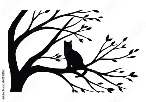 Cat in tree silhouette. A black silhouette of a cat sitting gracefully on a tree branch surrounded by leaves. Vector clipart black illustration design.