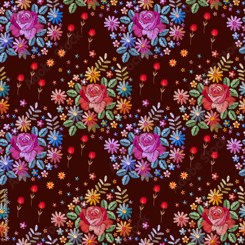 Cute embroidered bouquets of flowers on a brown background seamless pattern. ...