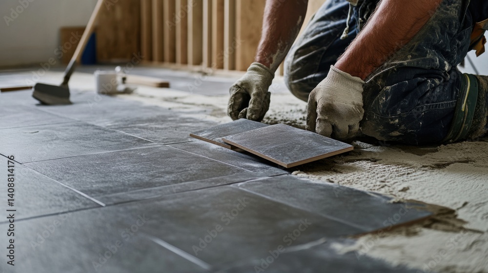 A construction worker laying ceramic tiles on a bathroom floor. Featuring attention to detail and craftsmanship
