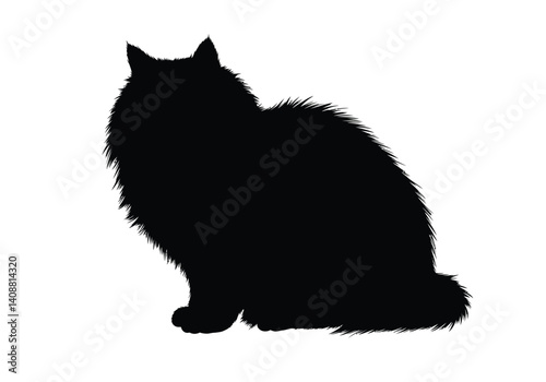 Fluffy cat silhouette. The image displays a black silhouette of a furry cat sitting gracefully, highlighting its fluffy tail and ears. Vector clipart black illustration design.