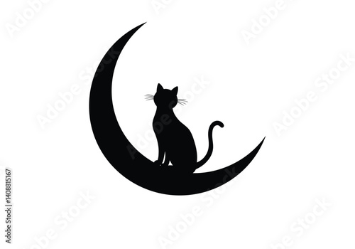Black cat moon silhouette. A black cat sits perched on a crescent moon in this minimal and elegant design. Vector clipart black illustration design.
