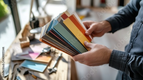 Interior designer reviewing color swatches at renovation site. Featuring creativity and decision-making