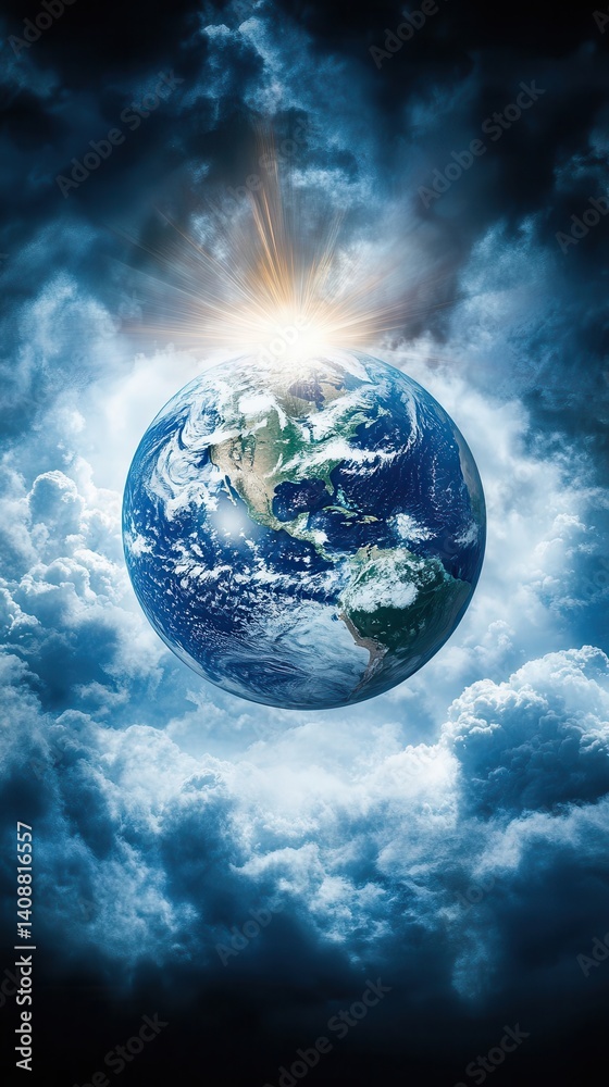 Fototapeta premium Earth is surrounded by beautiful clouds and shining sunlight above