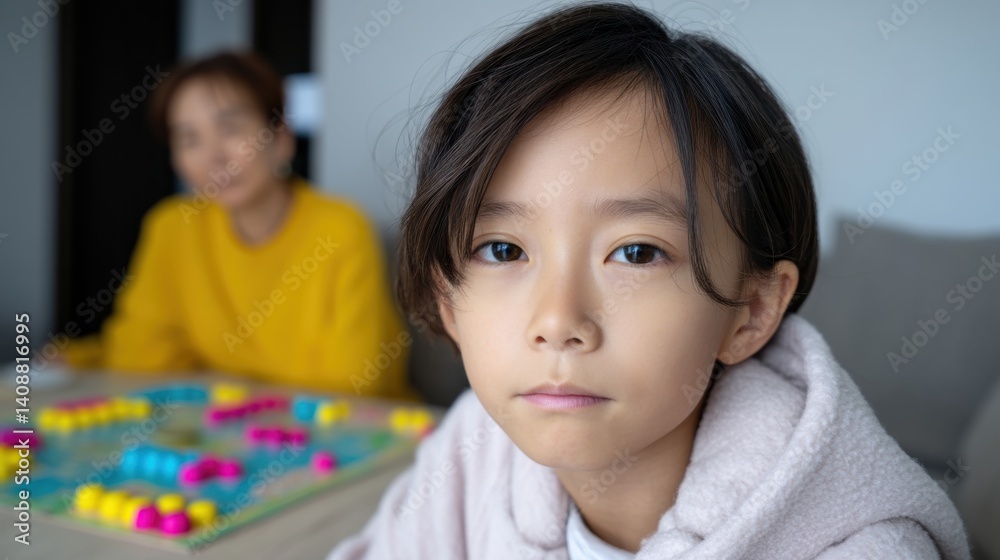 Child with a serious expression, game in background. Child with a serious expression, game in background.