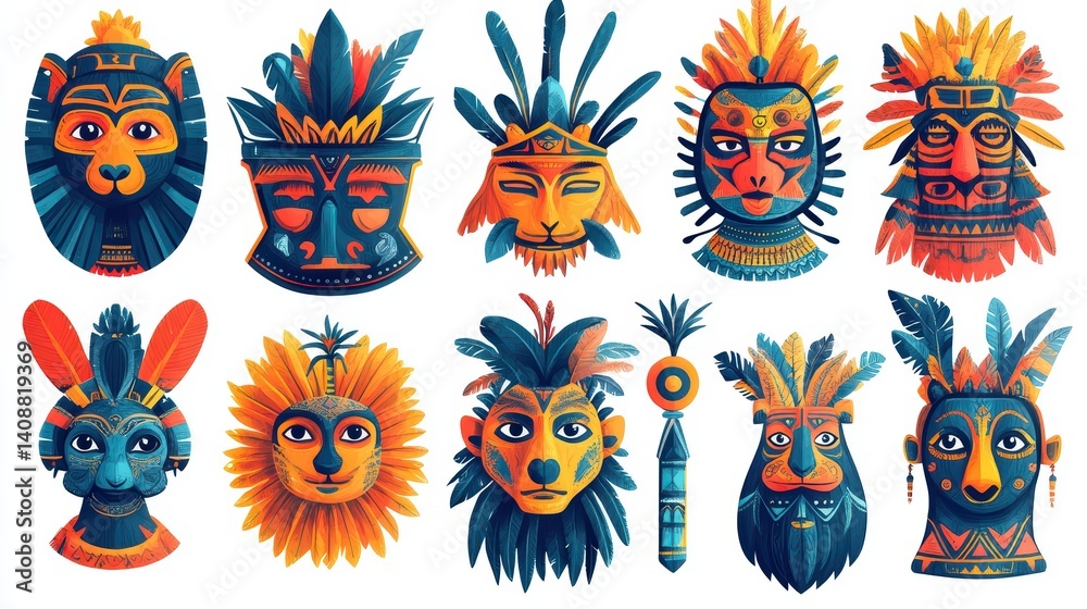 Naklejka premium Colorful Tribal Masks and Animal Faces in Vibrant Artwork