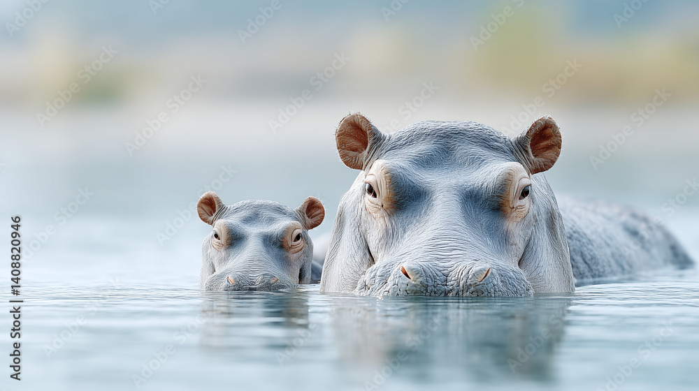 Fototapeta premium Captivating portrait of a hippopotamus mother and her baby, both partially submerged in water, staring directly at the camera.
