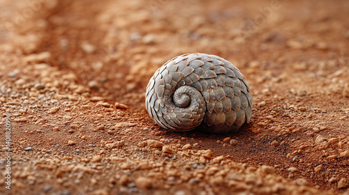 A pangolin curled up in a defensive ball on red soil. The scales are distinct and detailed. The focus is sharp on the pangolin, while the background is slightly blurred.