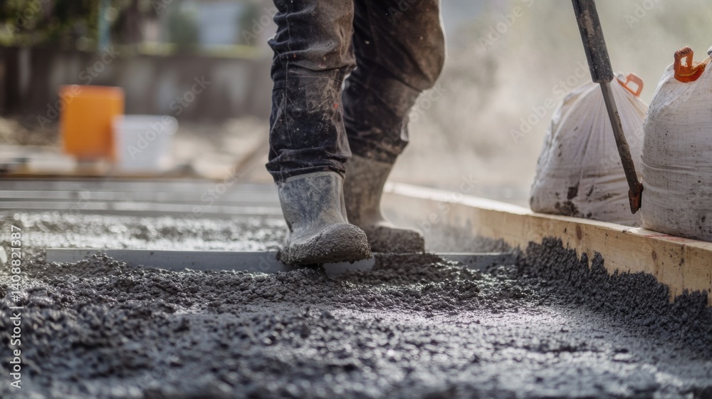 A construction worker laying the foundation for a building at a job site. Featuring precision and hard work A construction worker laying the foundation for a building at a job site. Featuring precision and hard work