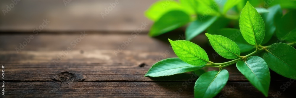 Obraz premium Whispy green leaves on a wooden background, leafy greens, wooden