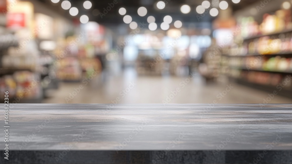 Fototapeta premium Empty shopping table with no products, blurred store interior and bokeh background, focusing on the retail space atmosphere