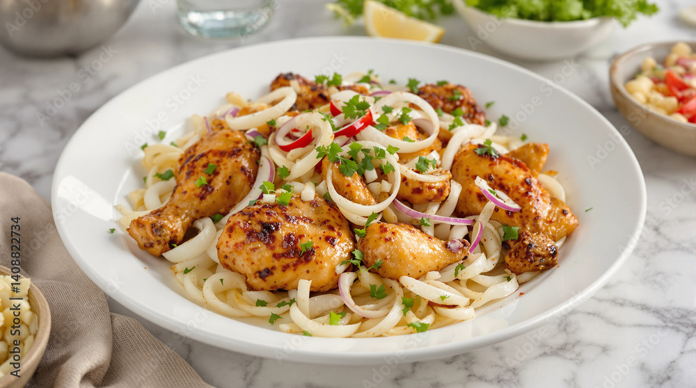 A plate of chicken with onions and parsley on top A plate of chicken with onions and parsley on top