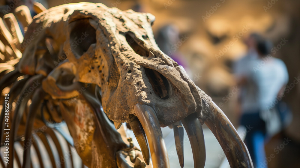 Gigantic mastodon fossil exhibited in natural history museum, prehistoric mammal skeleton on display for education and paleontology study, evolution and ancient wildlife concept.