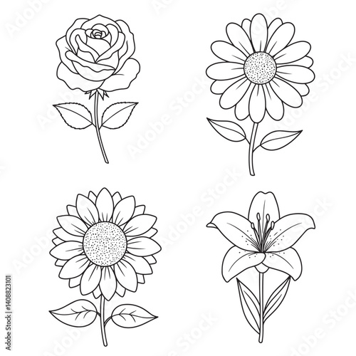 set of flowers Coloring Page Illustration of Vintage Floral Flower Set in Outline Art and Silhouette Botanical Style
