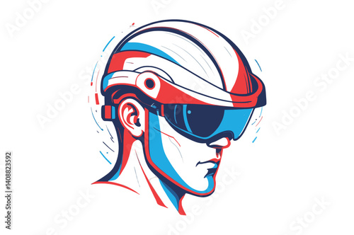 Futuristic Head with VR Headset: A Bold Graphic Design. A stylized illustration of a person's head and shoulders featuring a futuristic VR headset or helmet