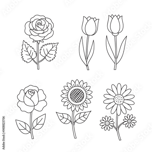 hand drawn flowers Coloring Page with Silhouette Outline of Botanical Floral Flower Set in Vintage Style Drawing
