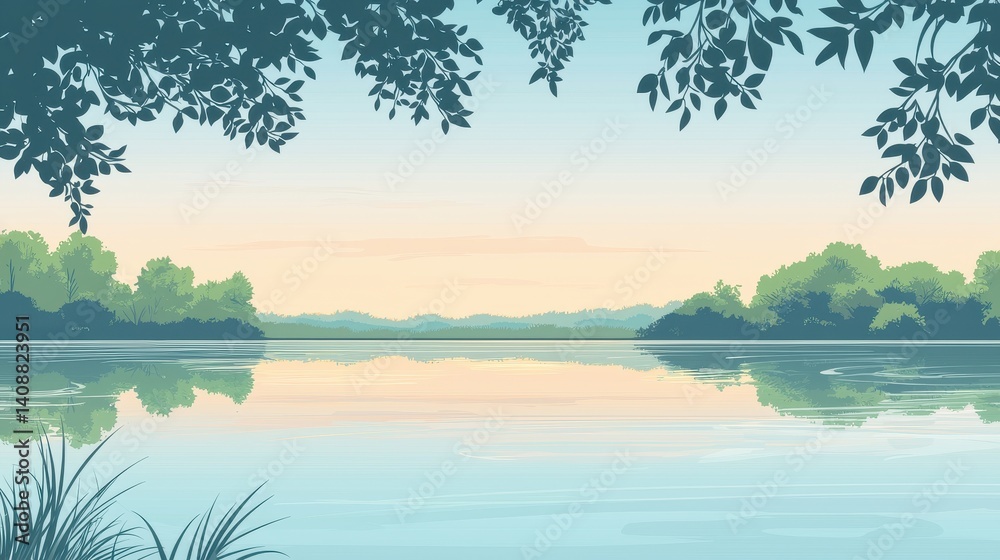 Serene lake scene at dawn, framed by leafy branches. Serene lake scene at dawn, framed by leafy branches.