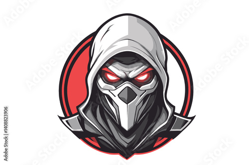 Intense hooded figure logo with glowing red eyes. Close-up of a stylized graphic design logo featuring a hooded figure