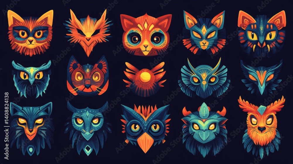 Fototapeta premium Colorful Animal Illustrations Featuring Whimsical Faces and Designs