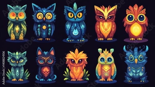 Wallpaper Mural Colorful Cartoon Owls in Various Styles and Designs on Dark Background Torontodigital.ca