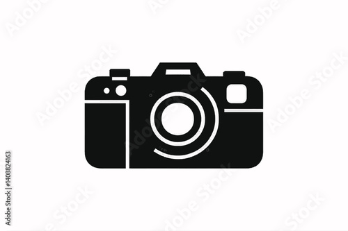 Simple Black and White Camera Icon. A clean minimalist black silhouette of a camera on a plain white background
