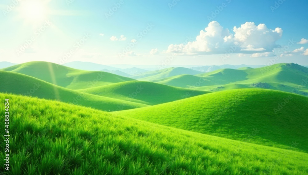 Rolling hills of emerald green grass swaying in the gentle spring breeze, meadow, nature Rolling hills of emerald green grass swaying in the gentle spring breeze, meadow, nature