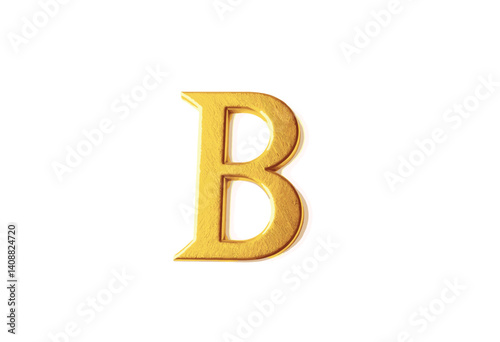 Isolated Gold Letter B on White Background. This is a close-up high-quality image of a capital letter "B" rendered in a polished gold finish