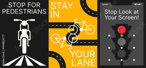Road safety awareness posters with traffic symbols.