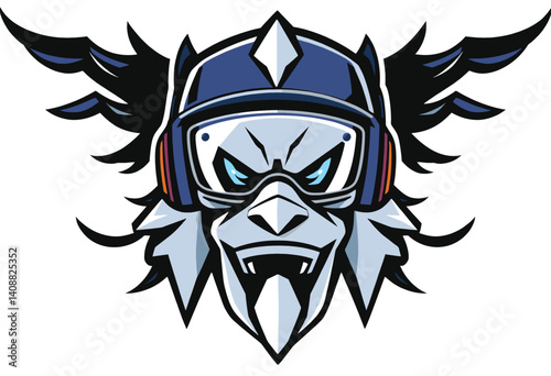 Aggressive Wolf Mascot in a Motorcycle Helmet. A stylized cartoon wolf head wearing a cool dark-blue motorcycle helmet and goggles