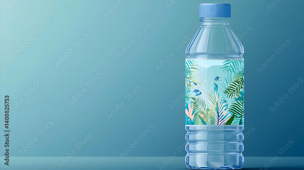 Clear plastic water bottle with a tropical leaf design label