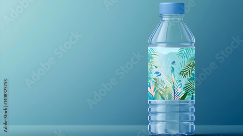 Obraz na płótnie Clear plastic water bottle with a tropical leaf design label w salonie