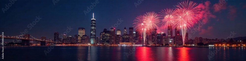 City skyline with fireworks and New Year's Eve lights, celebration atmosphere, urban landscape, night city scene City skyline with fireworks and New Year's Eve lights, celebration atmosphere, urban landscape, night city scene