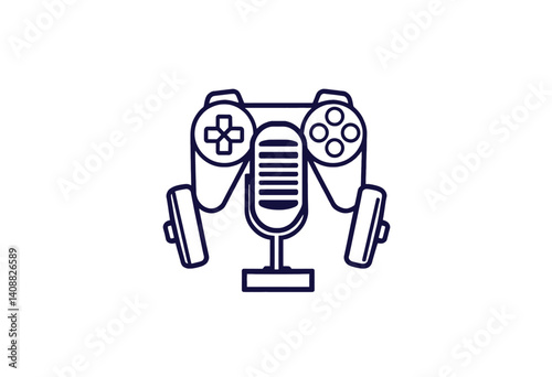 Gaming Podcast Logo with Controller and Microphone. A simple clean line art logo combining a video game controller and a microphone