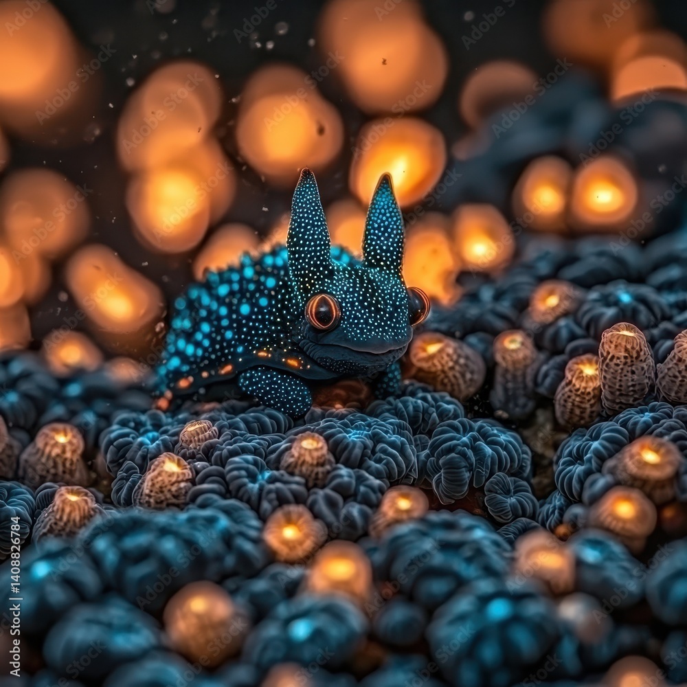 Fototapeta premium Cute Animated Creature Amidst Colorful Coral in Fantasy Underwater Scene