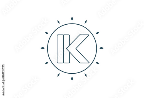 Stylish Monogram "K" Logo with Sunburst Design. A clean modern line art logo featuring the letter "K" enclosed within a sunburst design