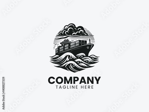 Cargo Ship Silhouette Carrying Containers Rough Sea Vector Logo Design