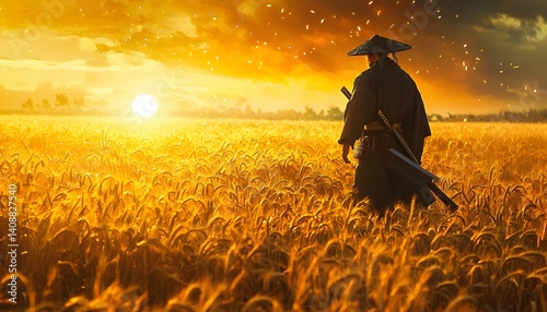 A samurai warrior standing in a field of golden wheat, his blade gleaming under the setting sun, cinematic poetic warrior