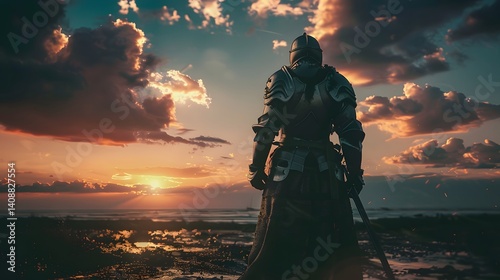 A solitary warrior standing on a battlefield at dawn, their armor dented, eyes locked on the rising sun, cinematic heroic resilience