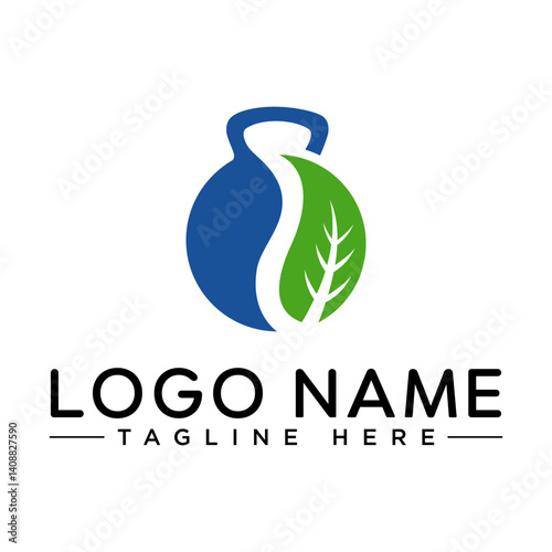 Kettlebell Leaf Nature Logo Design Vector.