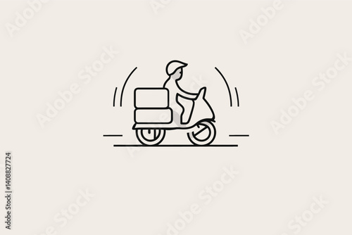 Delivery Scooter Icon with Rider and Cargo. Simple line art illustration of a delivery scooter rider carrying packages