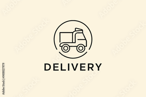 Simple Line Art Illustration of a Delivery Truck. This minimalist graphic features a simple line art illustration of a delivery truck within a circle