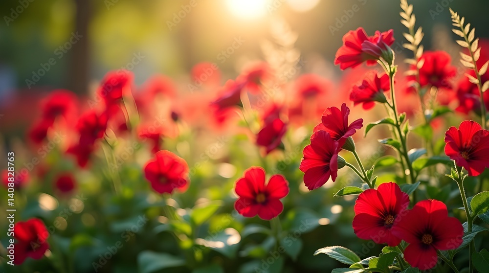 with wild flowA b
ackdrop of nature Garden with red flowers, Calibrachoa, and a million bells
