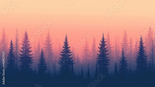 Silhouettes of evergreen trees in a hazy, pastel sunset forest.